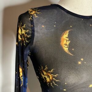 Bear Dance Sheer Black Mesh Lettuce Trim 90’s Sun & Moon Print Top Size Medium